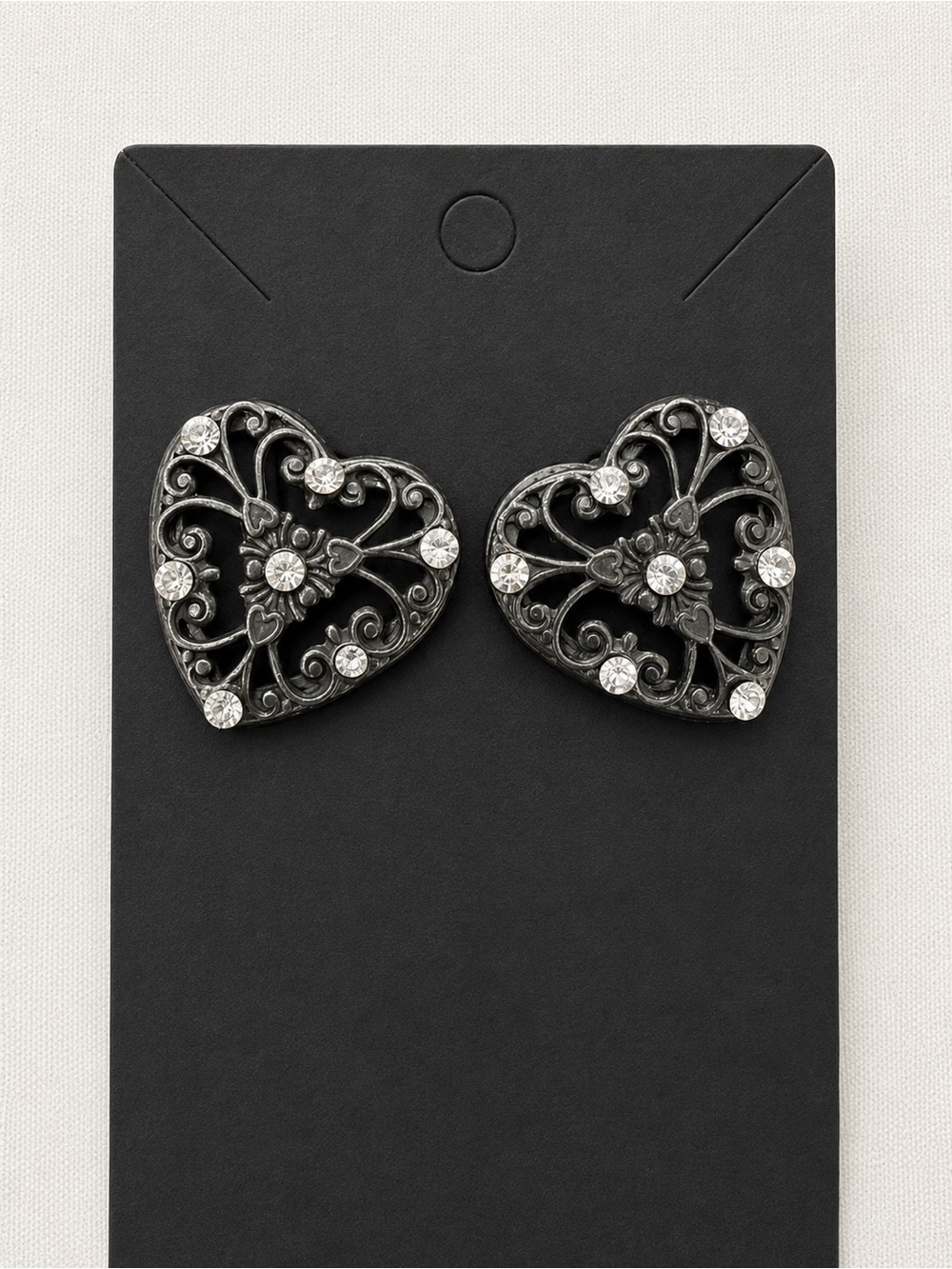 Vintage Heart Filigree Crystal Accent Stud Earrings - Black silver
